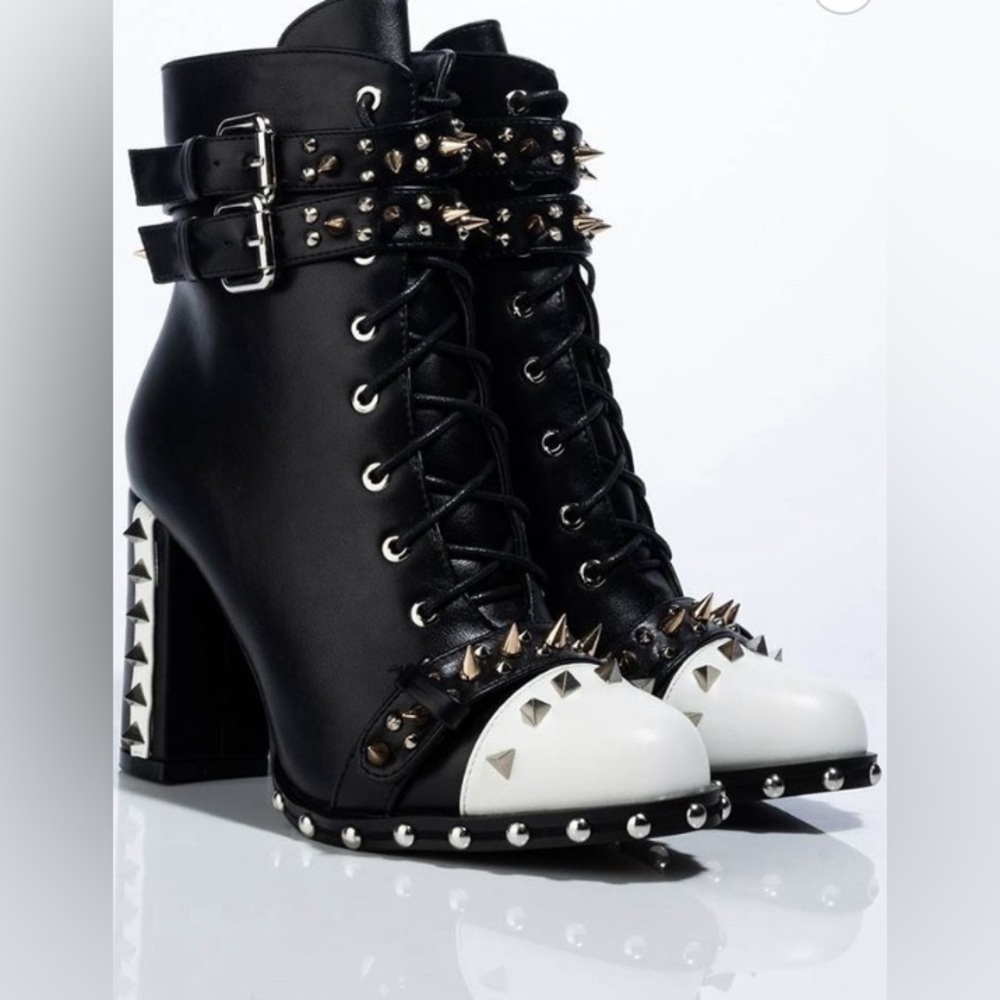 Brand New! Black/White Heeled Boots with Studded Detailing
